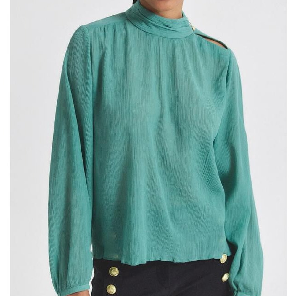 Derek Lam 10 Crosby Nadja Blouse Juniper Green Teal S Mock Neck Luxe Chic NEW - Picture 2 of 8
